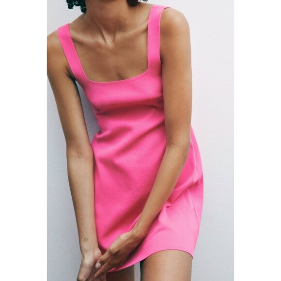 NWT Zara Hot Pink Knit Square Neck Ribbed A-Line Bodycon Barbiecore Mini Dress S - Picture 13 of 16